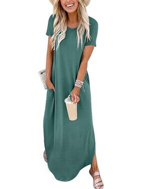 Women's Grass Summer Maxi Dress Short Sleeve Casual Split Beach Long T Shirt